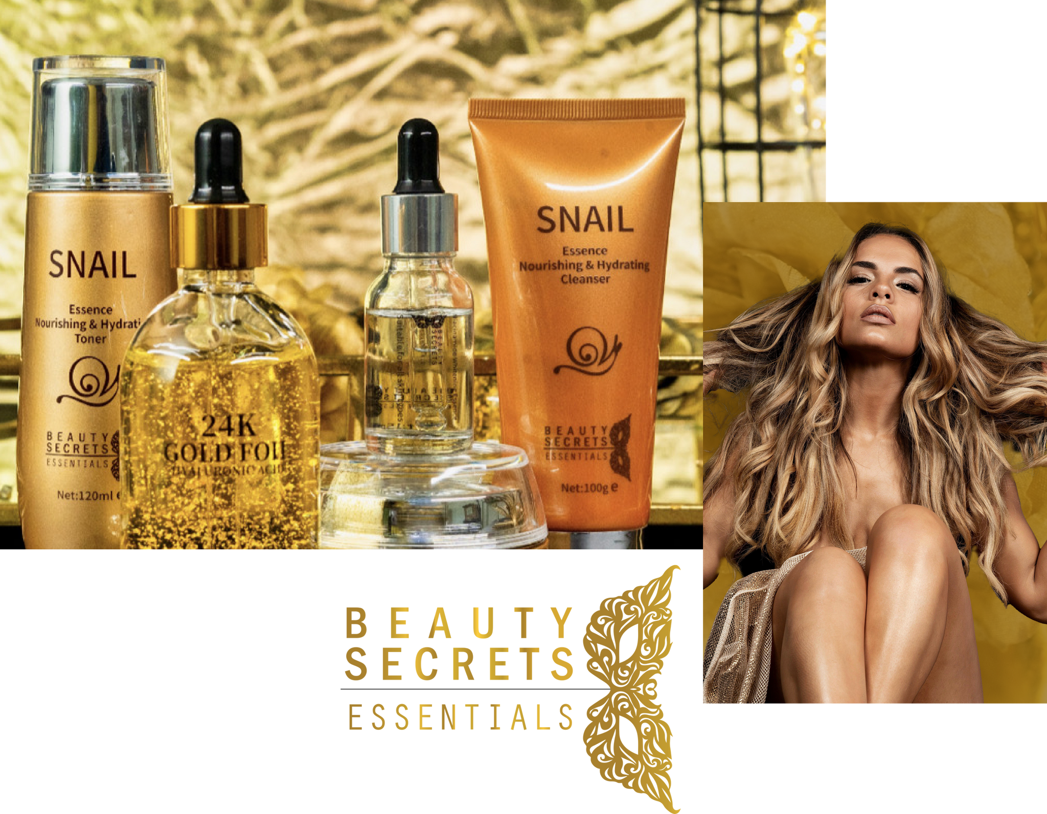 All Beauty Secrets Essentials products in gold background with an image of a sitting woman with long curly brown hair that has a very smooth, hydrated and clear skin.