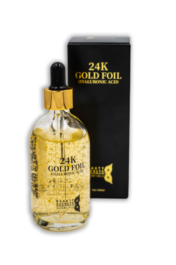 Luxurious gold colored liquid and ints black box in transparent background that helps in hydration of your skin.